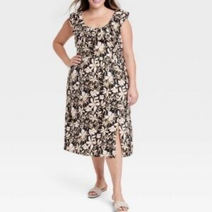 Floral Print Midi Dress with Ruffle Sleeves